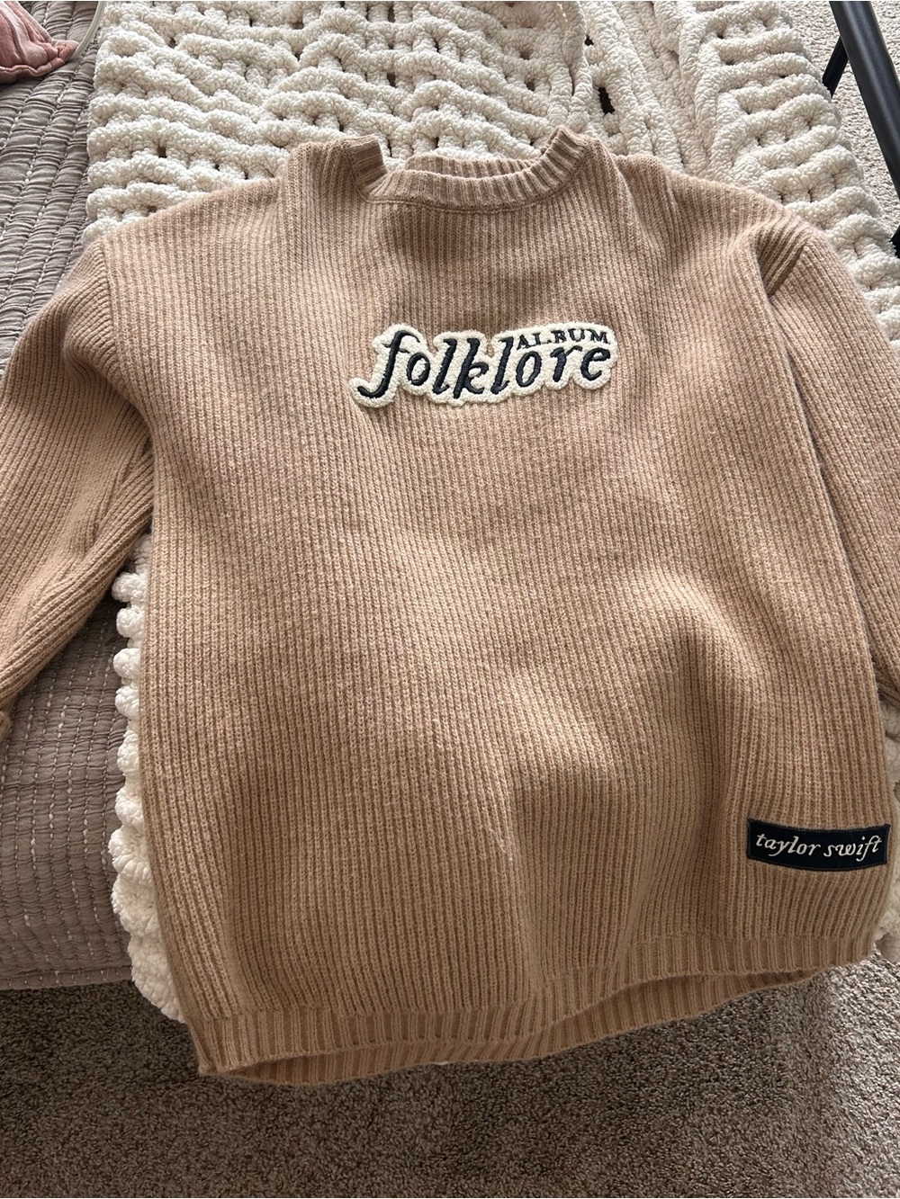 Taylor Swift Beige 'Folklore' Rib-Knit Crewneck Sweater